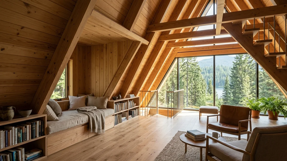 Clever use of space under the sloped A-frame rafters with built-in bookshelves and a reading daybed nook