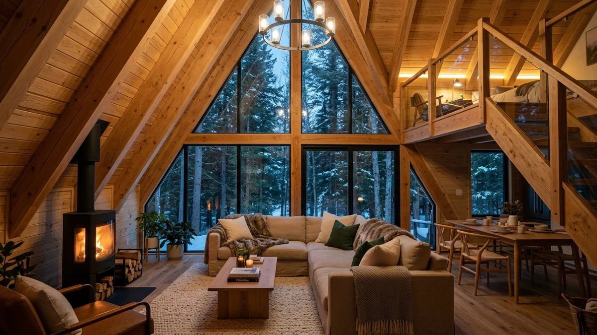 Luksuzno opremljen enterijer A-Frame vikendice sa kaminom, galerijom i panoramskim pogledom