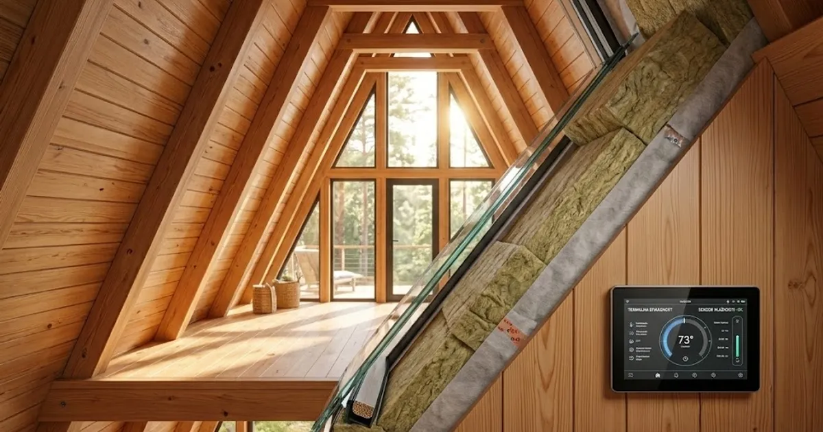 Architectural 3D cutaway of A-frame roof insulation layers with rockwool and vapor barrier