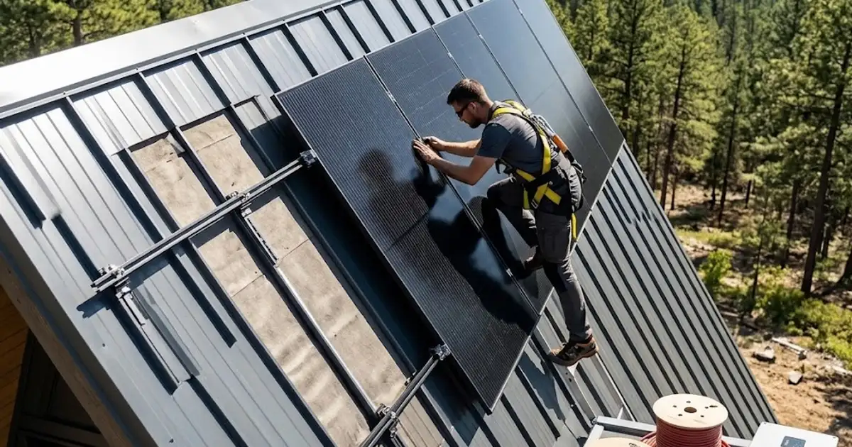 Rooftop solar photovoltaic array powering an independent off-grid cabin