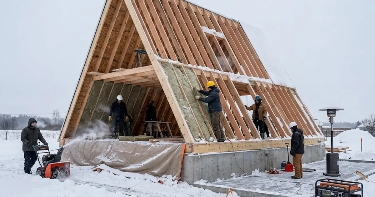 Winter conditions and deep snowpack surrounding a mountain A-frame cabin