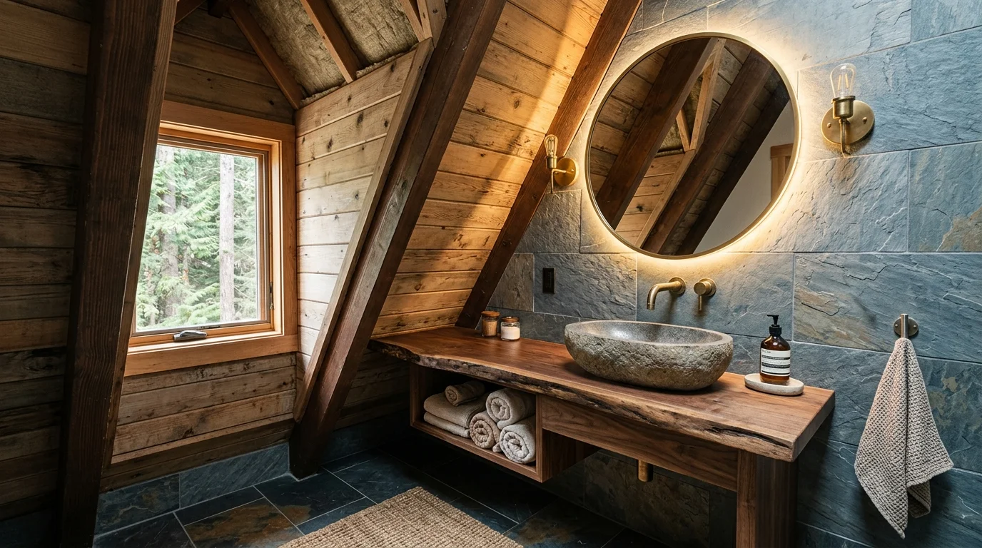 Compact custom wood vanity and vessel sink tucked under the A-frame roof slope