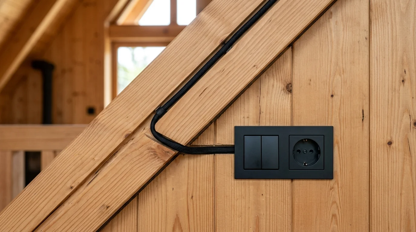 Concealed electrical conduit and minimalist switches routed along timber rafters