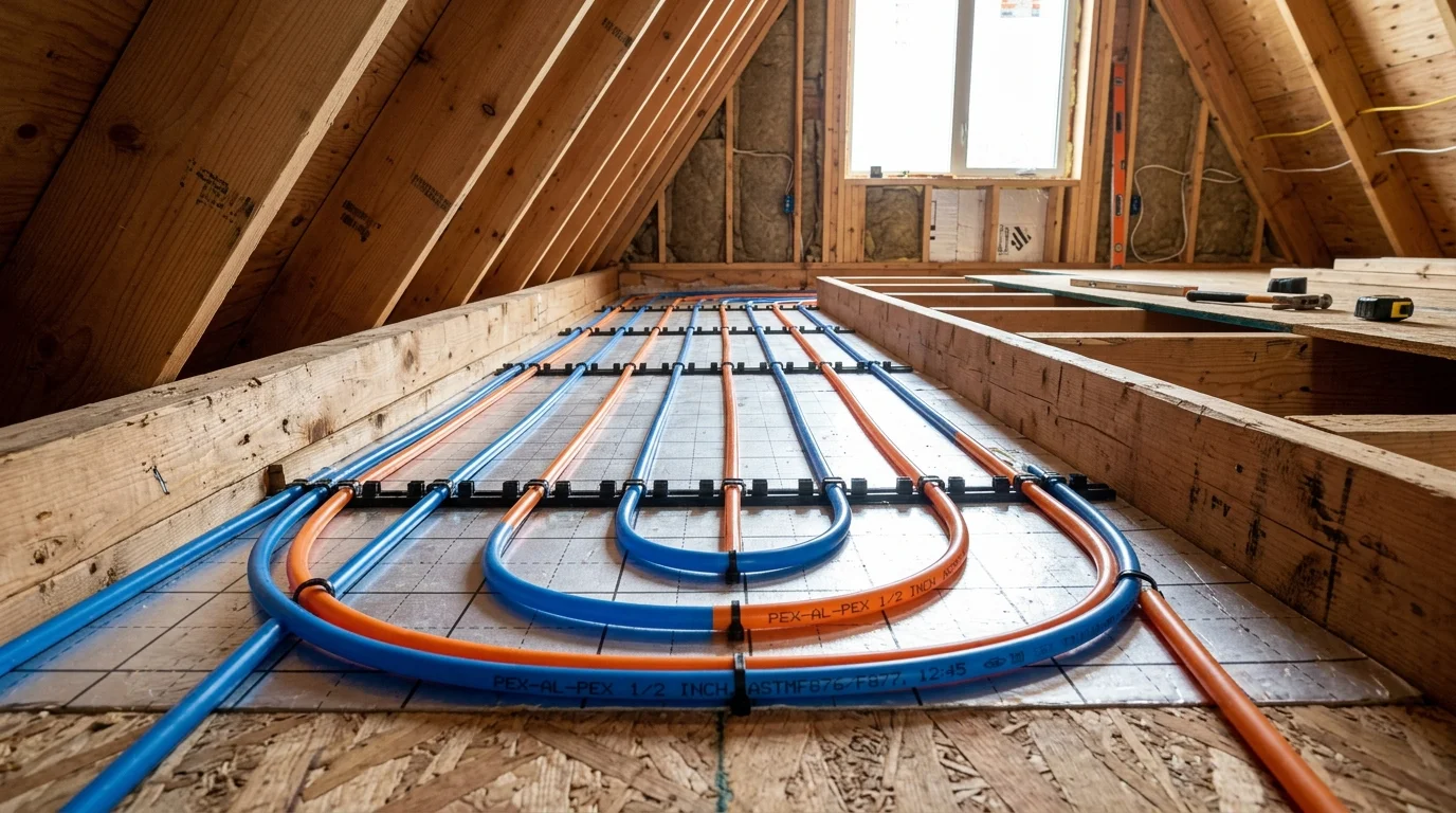 Hydronic radiant underfloor heating pipes installed on insulated subfloor panels