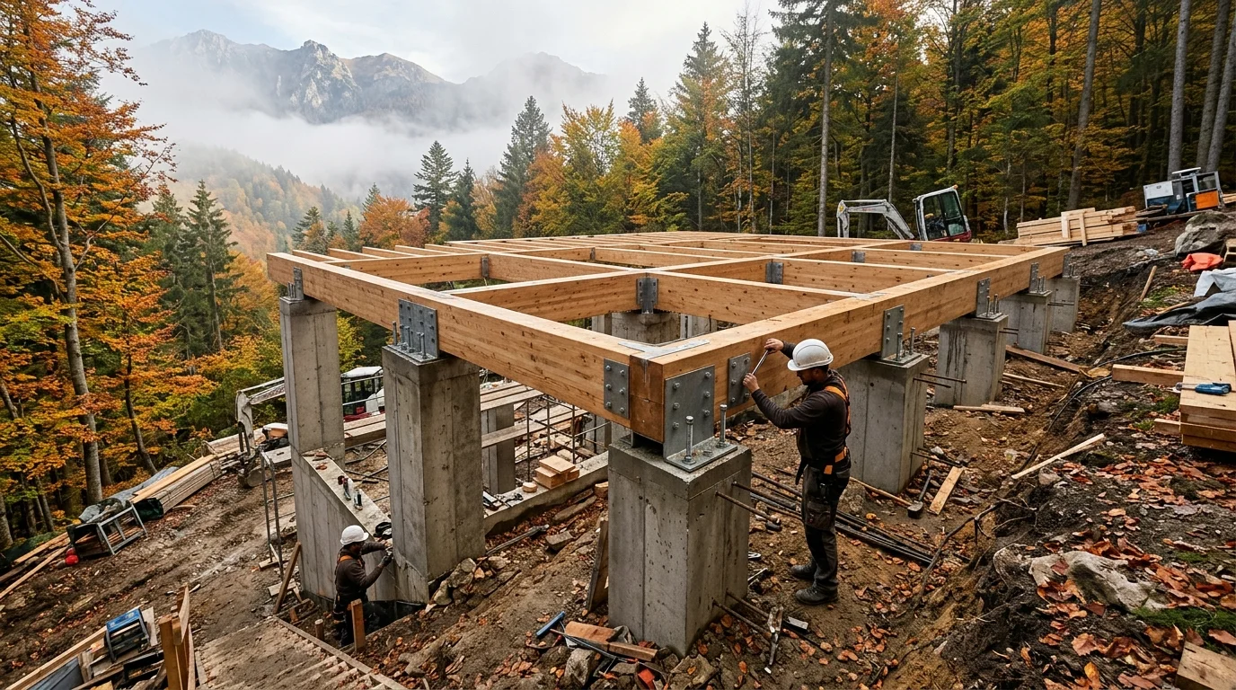 Completed excavation with poured concrete piers and leveled hillside platform