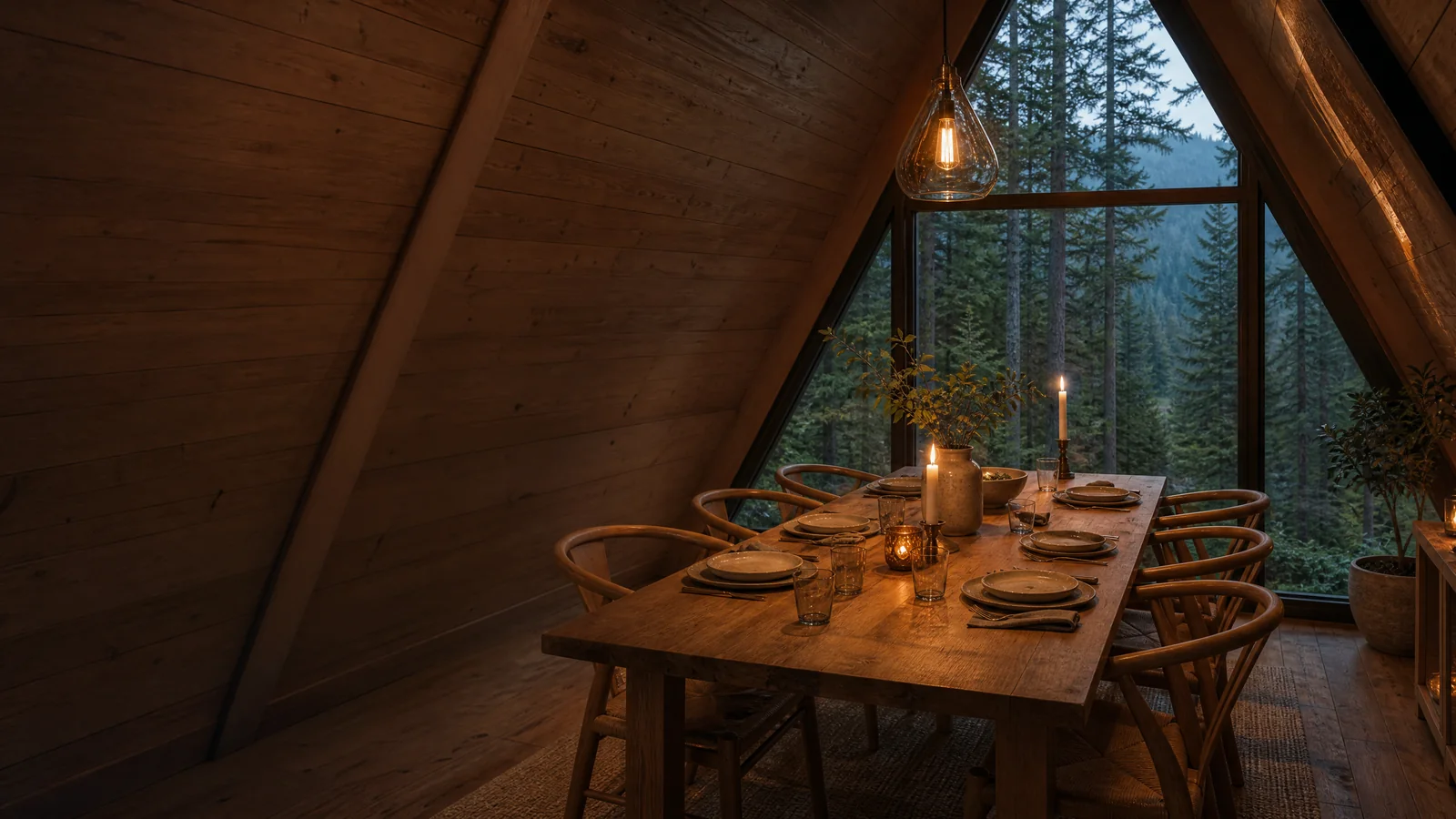 Communal dining lounge with long timber harvest table and stone fireplace