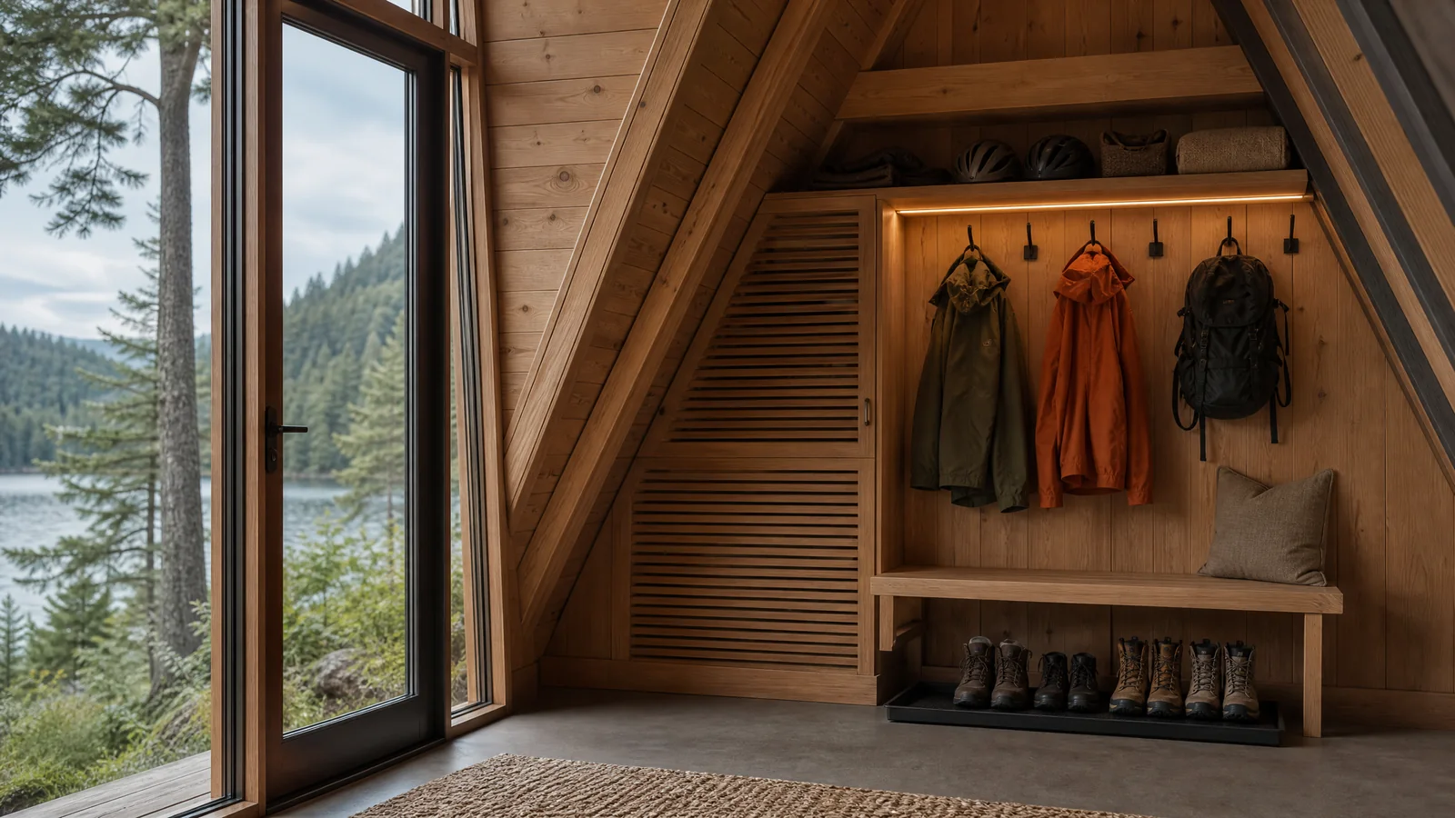 La parete attrezzata per una baita A-frame