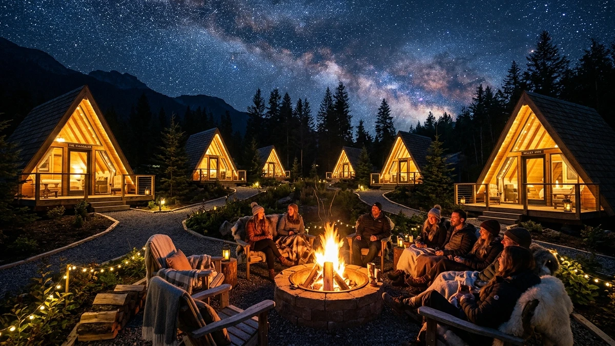 Luxury boutique cabin interior with cozy furnishings and panoramic view